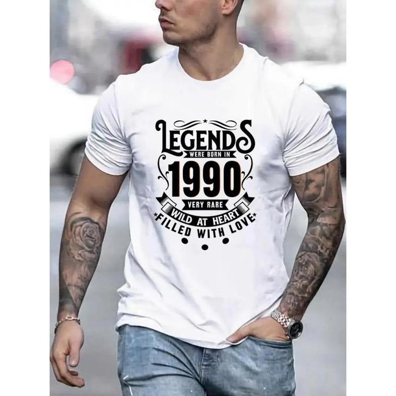 1990 Graphic Print Men's Creative Top, Casual Short Sleeve Crew Neck T-shirt, Men's Clothing For Summer Outdoor Made in USA