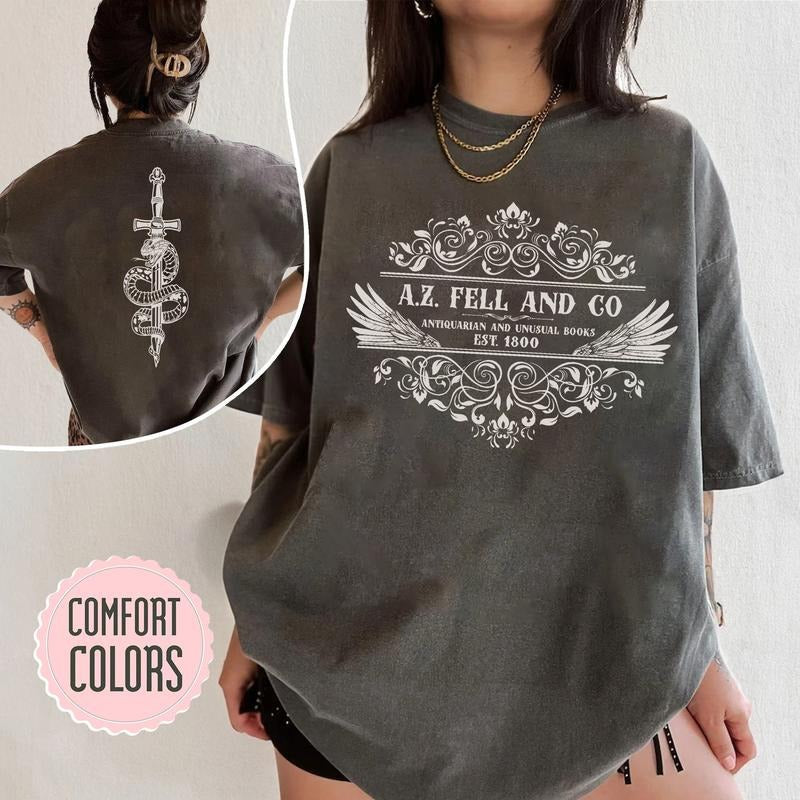 2 Slide Design, A.Z. Fell And Co Antiquarian Books T-Shirt - Aziraphale Crowley T-Shirt, Ineffable Husbands Tee, Comic Con Comfort Colors Apparel