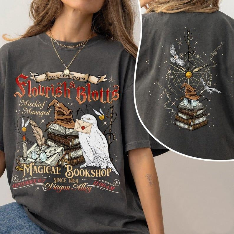 2 Slides, Flourish and Blotts T-Shirt, Wizard Book Shop Shirt, Wizard Shop, Broomstick Wizard Shirt, HP Fan Gift Potterhead Shirt Crewneck Shortsleeve