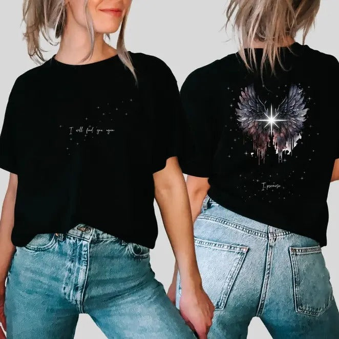 2 Slides, Hunt's Promise "I will find you again. I promise" Crescent City Tshirt, from Sarah J Maas' Crescent City series, Womenswear Shortsleeve Crewneck Cotton Casual Top Fit