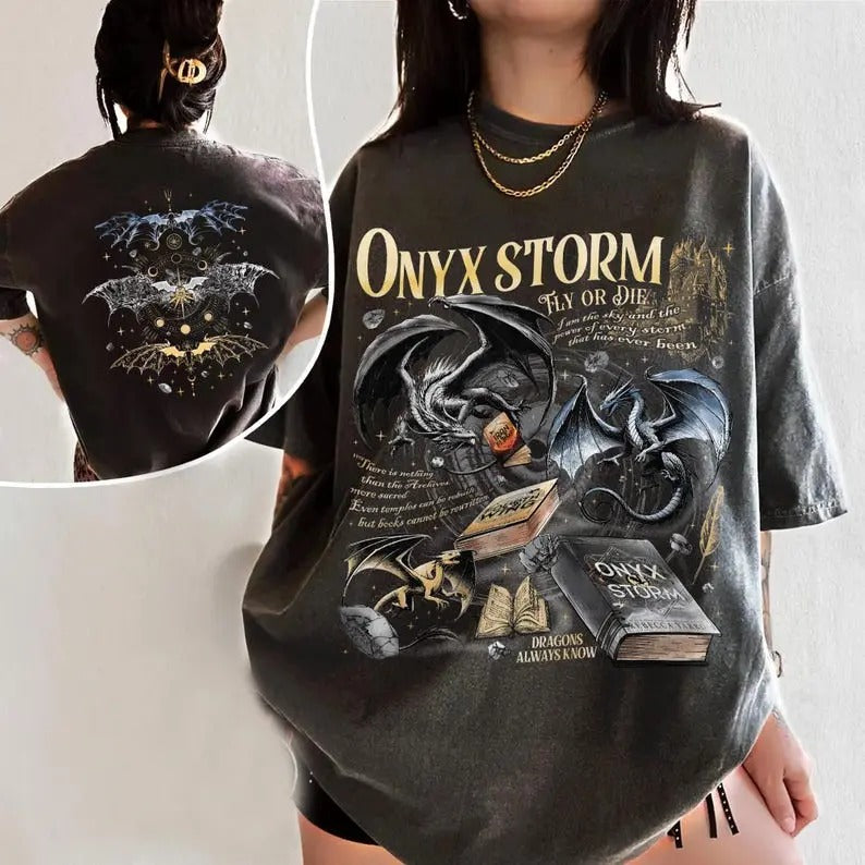 2 Slides, Onyx Storm Brave The Dark T-Shirt | Fourth Wing Series Tee For Fan | Violet Sorrengail Dragon Rider | Gift For Book Lover Womenswear