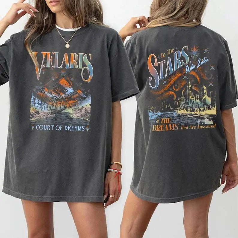 2 Slides, Velaris City Of Starlight ACOTAR Shirt, The Night Court T-Shirt, Court of Dreams, Rhysand, Cassian, Sarah J Maas Tee, Book Lover tshirt, Book Shirt, Womenswear Shortsleeve Crewneck Cotton Casual Top Fit