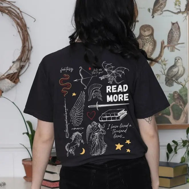 2 slides, Read Morre Books - Fantasy Reader tee - Bookish, Dragons, Enemies to Lovers, Magic, Angel wings, Greek retelling, Unisex T-shirt Shortsleeve Cotton Crewneck