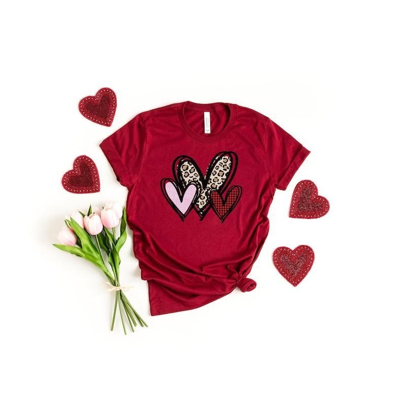 3 Doodle Heart Valentines Shirt, Leopard Heart Shirt, Cute Valentines Day Shirt, Leopard Shirt, Cute Heart Shirt Unisex, Valentines shirt