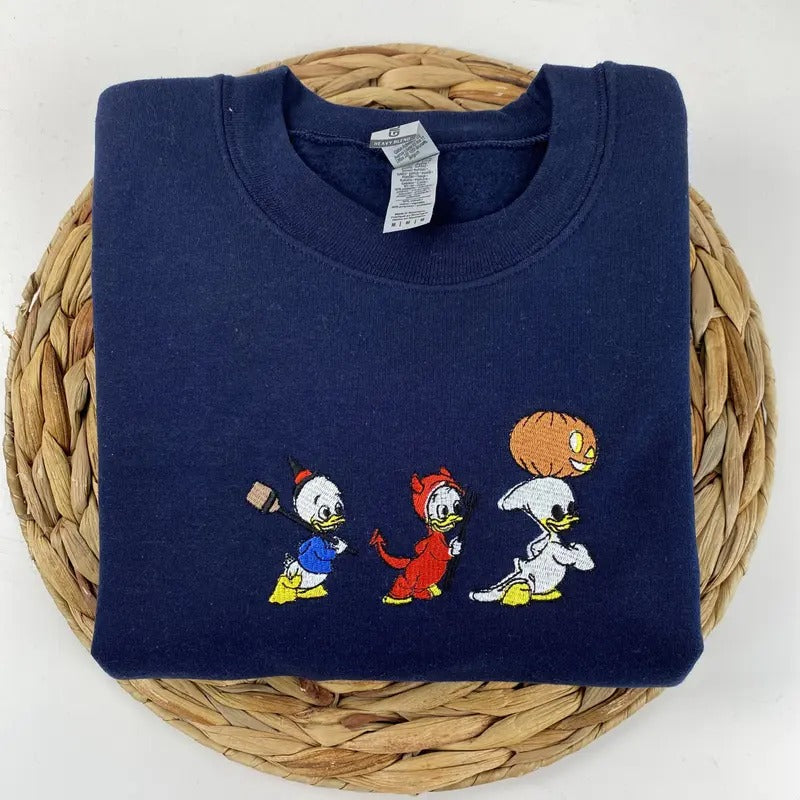 3 ducks trick or treat Embroidered Sweatshirt - Duck Halloween Pumpkin Embroidered Sweatshirt - Spooky Season Sweatshirt