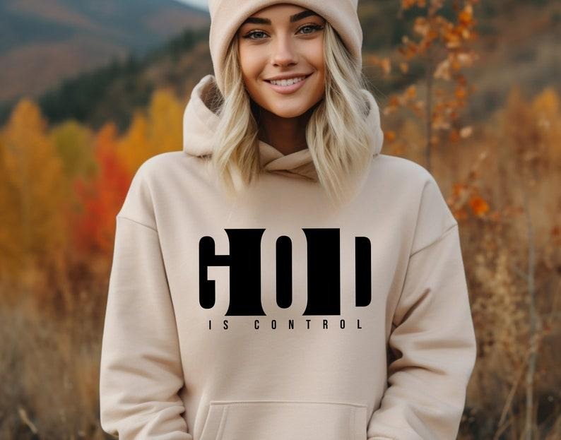 God Is Control Hoodie - Cotton, Heather Color, Crew Neck, 3/4 Length, Inspirational Design, Ideal for All Seasons - Polyester
