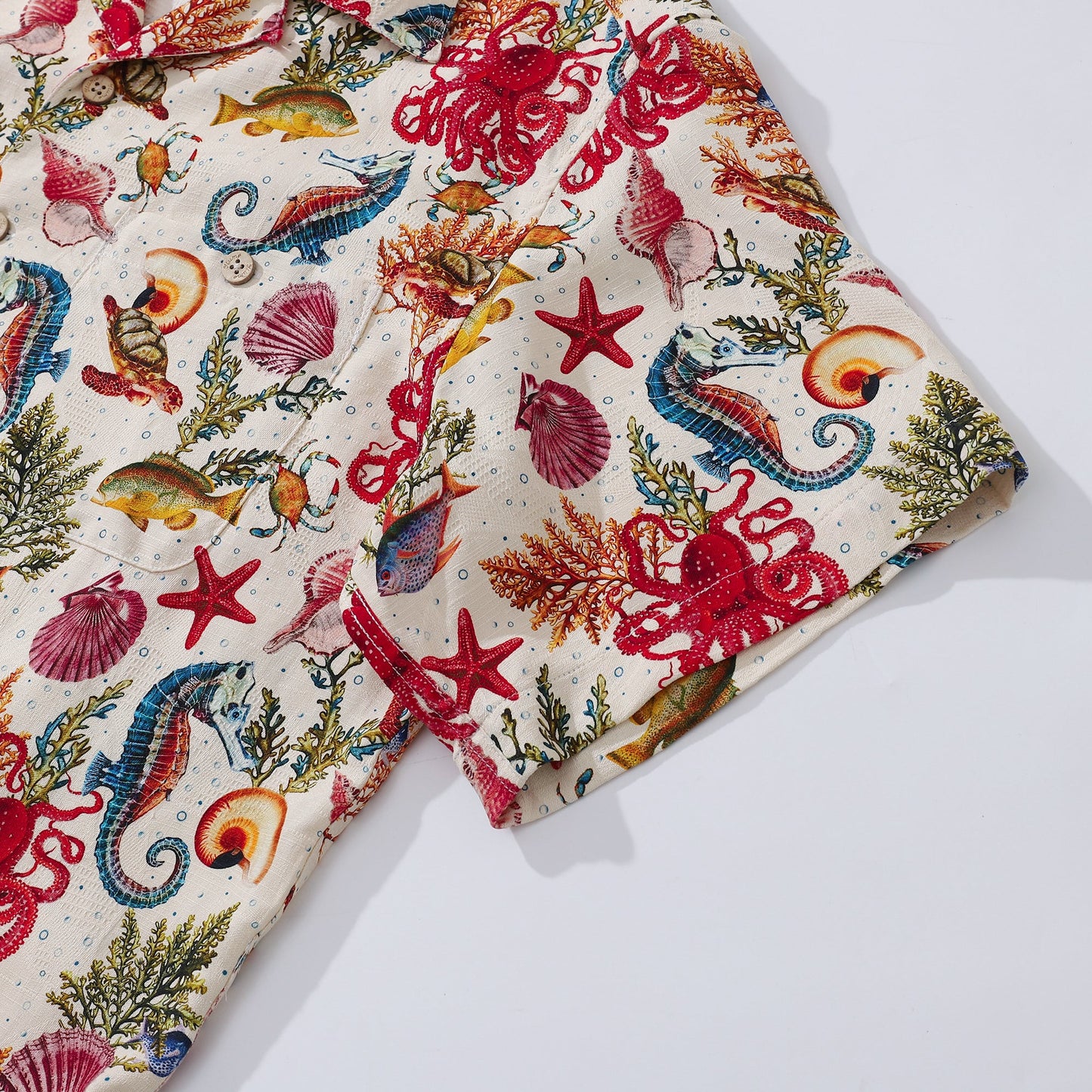 100% Silk Men's Hawaiian Shirt Marine Life Seahorse Octopus Print Camp collar Short Sleeve Aloha Shirt - Silk Marine Life - Silk