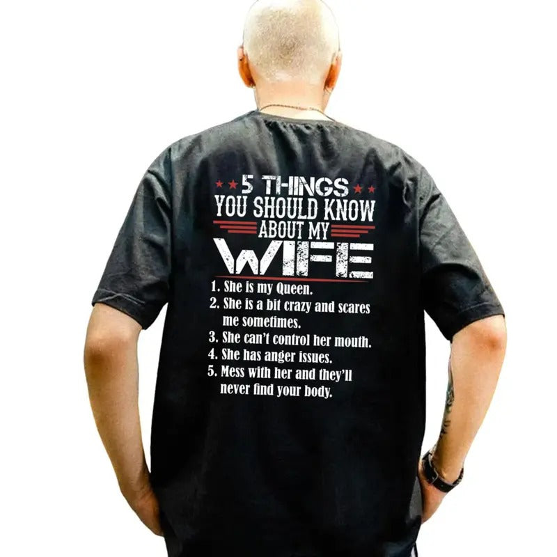 5 Things You Should Know About My Wife T Shirt Print On Back, Husband Shirt, Gift From Wife, Unisex Short Sleeve Tee, Classic Streetwear