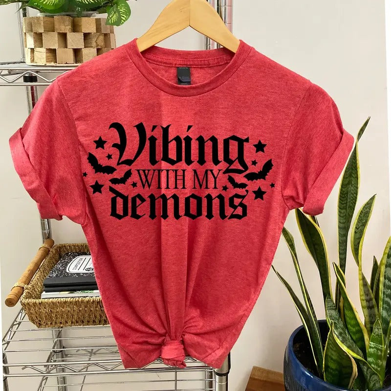 # 836 - Halloween Vibing with My Demons - Print Unisex Crew neck Tee T-shirt Comfort Fabric