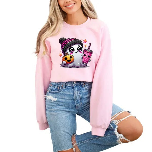 Adorable Pixie Ghost Sweatshirt - Doe-Eyed Ghost Holding Cup & Cute Jack O' Lantern | Pink Aesthetic for Girly Halloween Vibes | Cozy & Cute Sweatshirt Perfect for Fall | Sizes Up to 4XL Ultimate Comfort | Embrace Halloween in Style with This Sweet Design