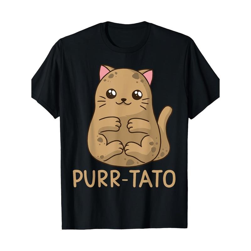 Adult Unisex Purrtato Cat Graphic Tee - 100% Cotton Knit Fabric, Regular Fit Crew Neck T-Shirt with Digital Heat Transfer, Short Sleeve, All-Season Comfort, Geometric Pattern Made in USA