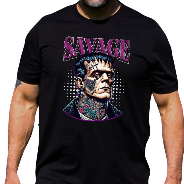 Savage Frankenstein Men's Graphic Tee - Grunge/Alt Aesthetic | Dark Gothic Vibes with Tatted Frankenstein Design | Perfect for Tattoo Lovers | Sizes Small to 5XL | Edgy, Alternative Style for Tatted Men | Bold Statement Tee for the Fearless and Fierce