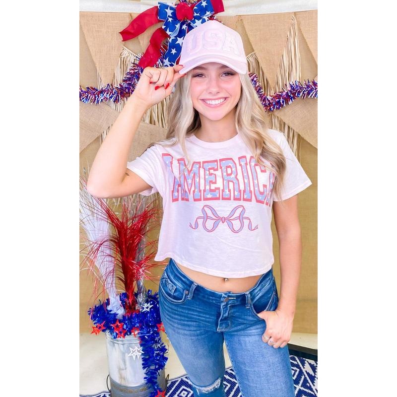 America Filly Bow Graphic Crop Top T-Shirt