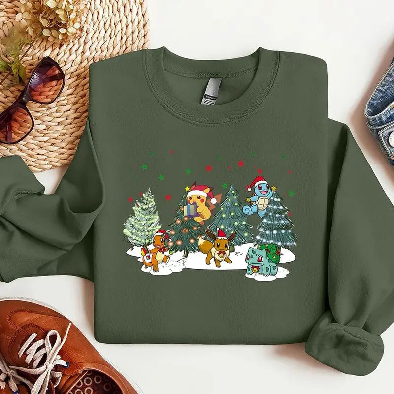 Anime Christmas Tree Sweatshirt, Anime Christmas Shirt, Cartoon Anime Characters Hoodie, Christmas Tree Sweatshirt, Christmas Gift For Anime Lovers
