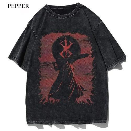 Berserk Anime Batik Acid Washed T-Shirt For Unisex Menswear Top
