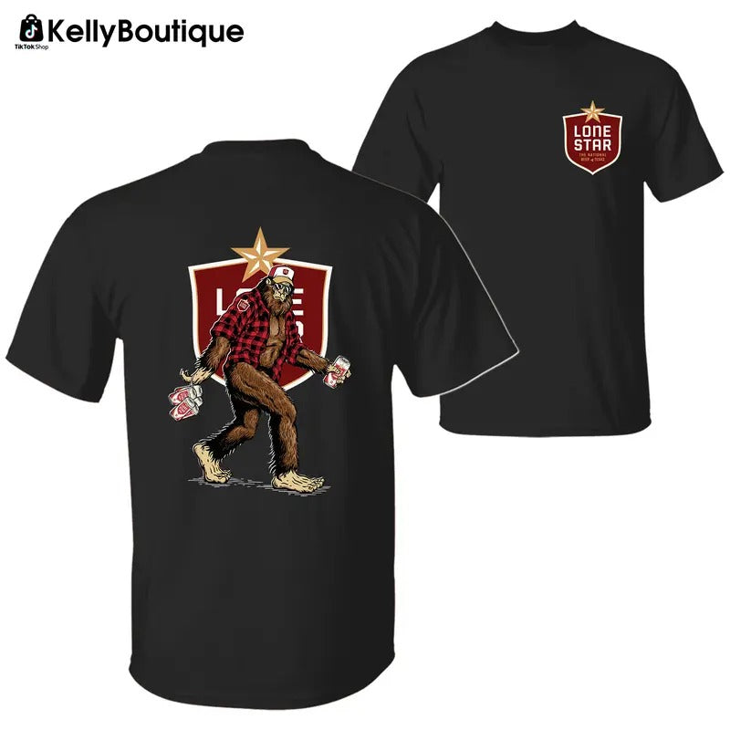 Bigfoot Lone Star Beer T-Shirt, Sasquatch Holding Lone Star Beer Cans 2 Sided Graphic Printed Unisex Classic Comfort Cotton T-Shirt