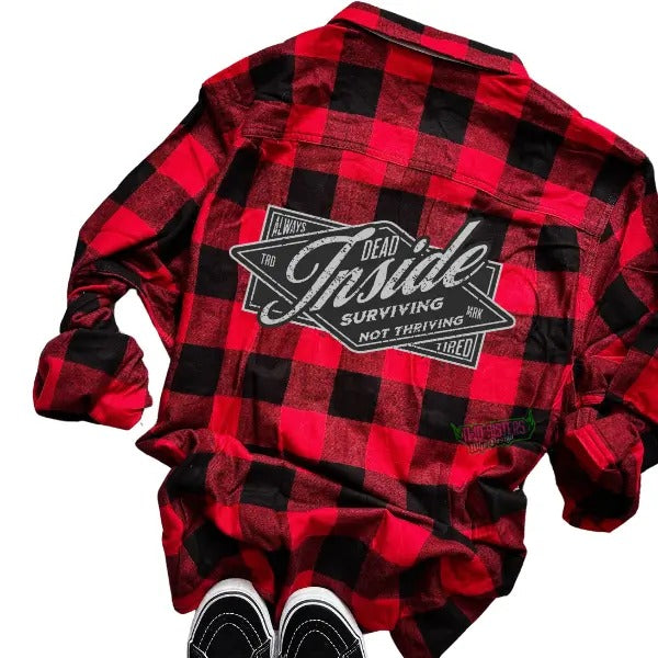 Dead Inside Red/Black Long Sleeve Flannel Shirt | Made to Order | Vintage-Inspired Retro 'Surviving Not Thriving' Cozy Top for Menwearr & Women Casual