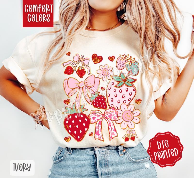 Boho Strawberry Comfort Colors Tshirt, Coquette Floral Women's Shirt, Trendy Fruit Tee, Gift for Her