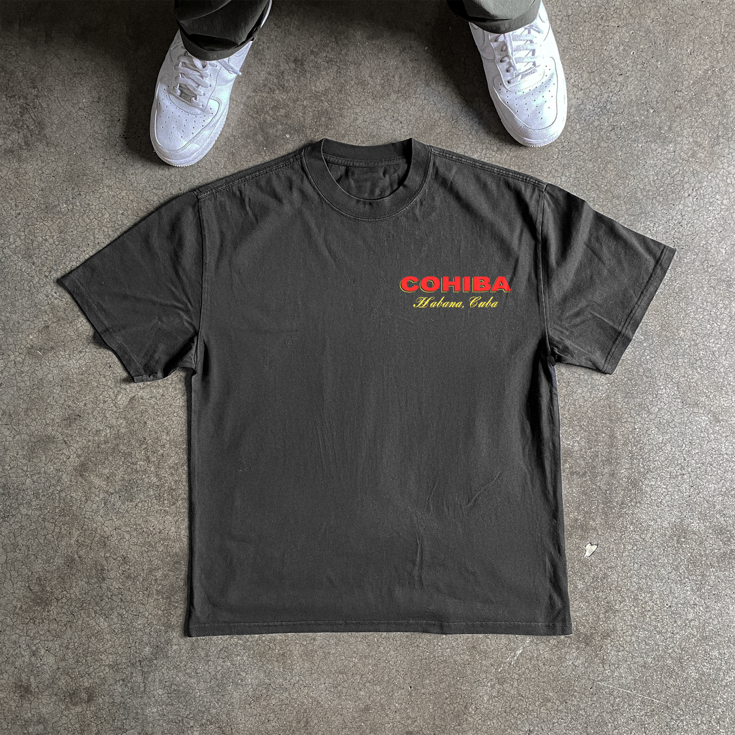 COHIBA CIGARS 'SMOKE' HEAVYWEIGHT WASHED BLACK T-SHIRT