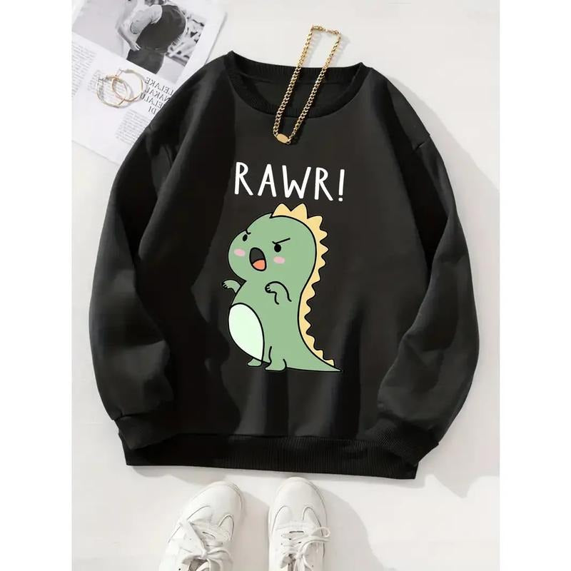 Cartoon Dinosaur Print Casual Pullover Sweatshirt, Dinosaur cute Hoodie and Sweater; T-shirt Cotton
