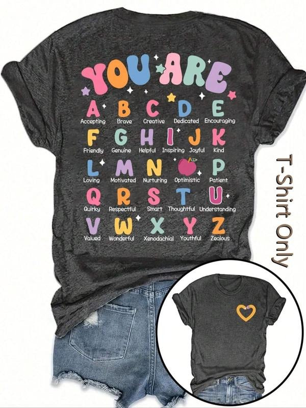 Women's Plain / Cartoon Letter & Heart Print Round Neck Tee, Fashion Casual Short Sleeve T-shirt for Daily Wear, Vintage Graphic Tees, Ladies Summer Clothes