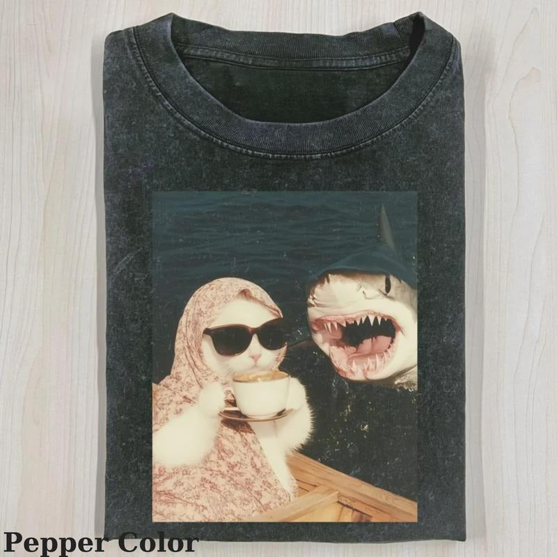 Cat And Shark - Just A Chill Girl Tshirt, Cute Cat Shirt, Meme Cat Shirt, Vintage 90s Style Tee, Graphic Shirt, Unisex Apparel