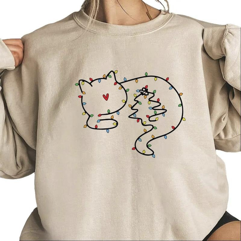 Cat Christmas Sweatshirt, Funny Cats Christmas Lights Crewneck Sweater, Cat Owner Mom Gifts T-shirt Hoodie Unisex Cotton Womenswear Pullover