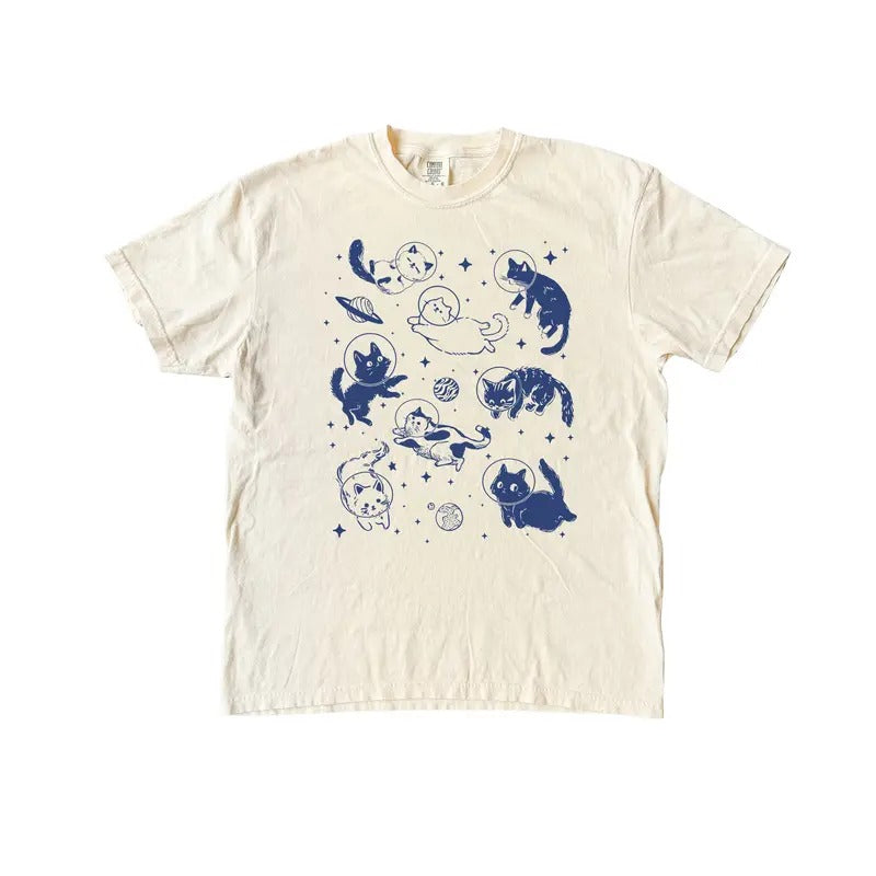 Cats In Space T Shirt - Vintage Graphic Tee - Cat Lover Tshirt - Funny Kitty Retro Shirt - Womenswear Top