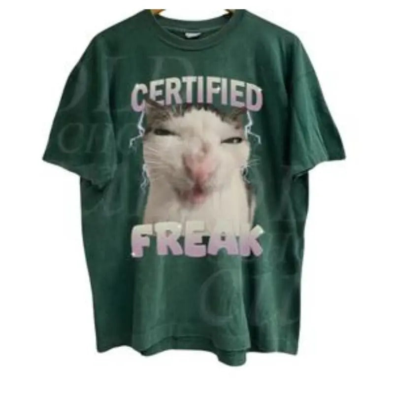 Certified Freak Cat Meme Graphic T-Shirt, Vintage Funny Cat Expression Graphic Tee, Cute Kitty Meme Unisex Retro Top,Fun Pet Humor Gifts Menswear Underwear