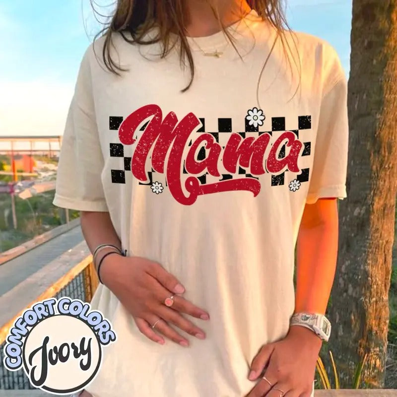 Checkered Mama Shirt, Retro Mama T-Shirt, Boho Mama Shirt, Pregnancy Announcement Shirt, Motherhood Shirt, Mom Aesthetic Shirt, Mother's Day Tee