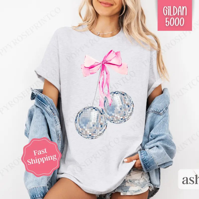 Cherry Disco Bow Shirt Gildan, New Year's 2025 Women's Tee, NYE Women's Tshirt Plus Sizes