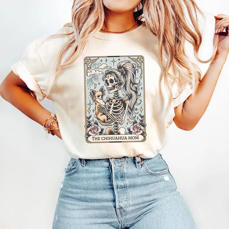Chihuahua Shirt, Chihuahua Mom Tarot Card T-shirt, Fall Halloween Chihuahua Tee, Gift for Chihuahua Dog Mama Womenswear Streetwear Cotton