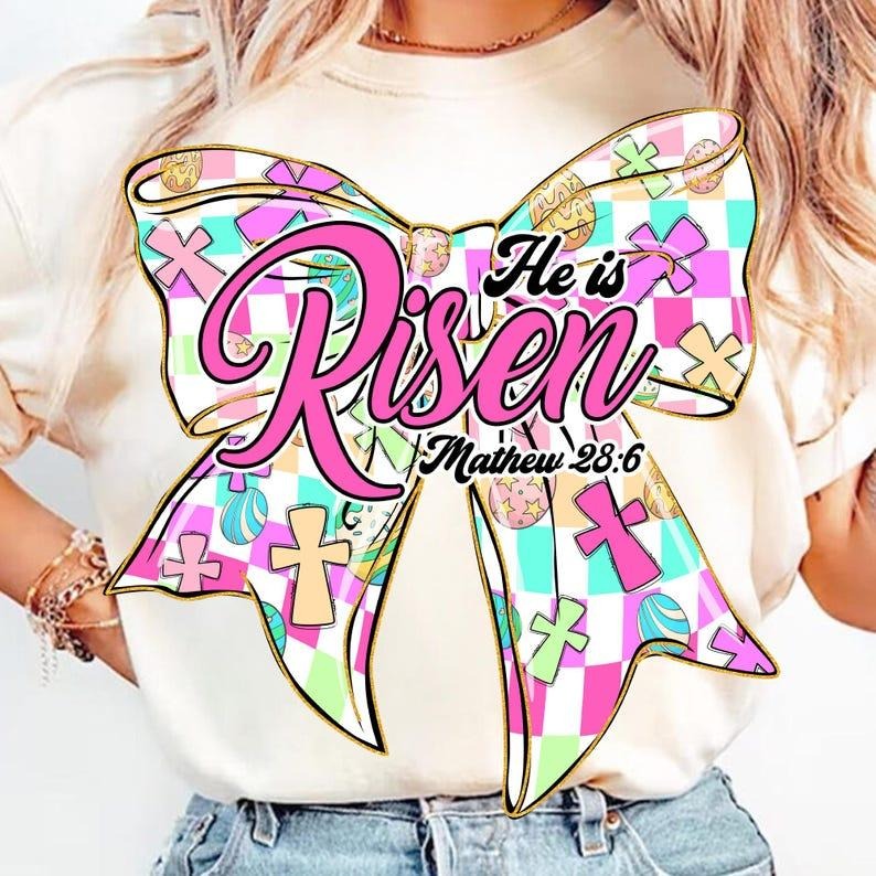 Christian Coquette T-shirt, He is Risen, Retro Easter, Checkered Cross, True Story