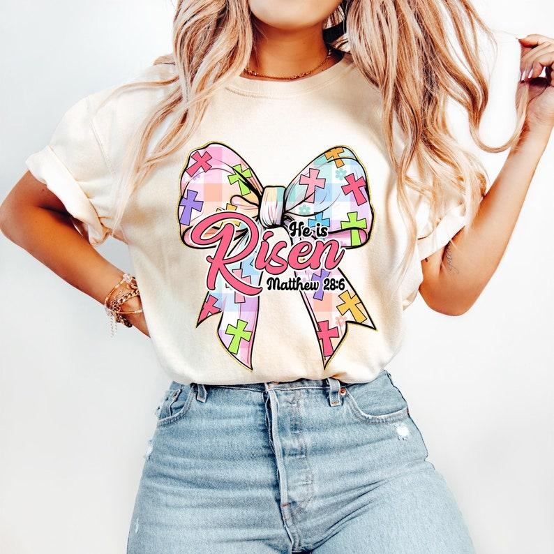 Christian Easter Coquette Bow, He is Risen, Checkered Easter, Jesus Cross, Easter Story T-shirt