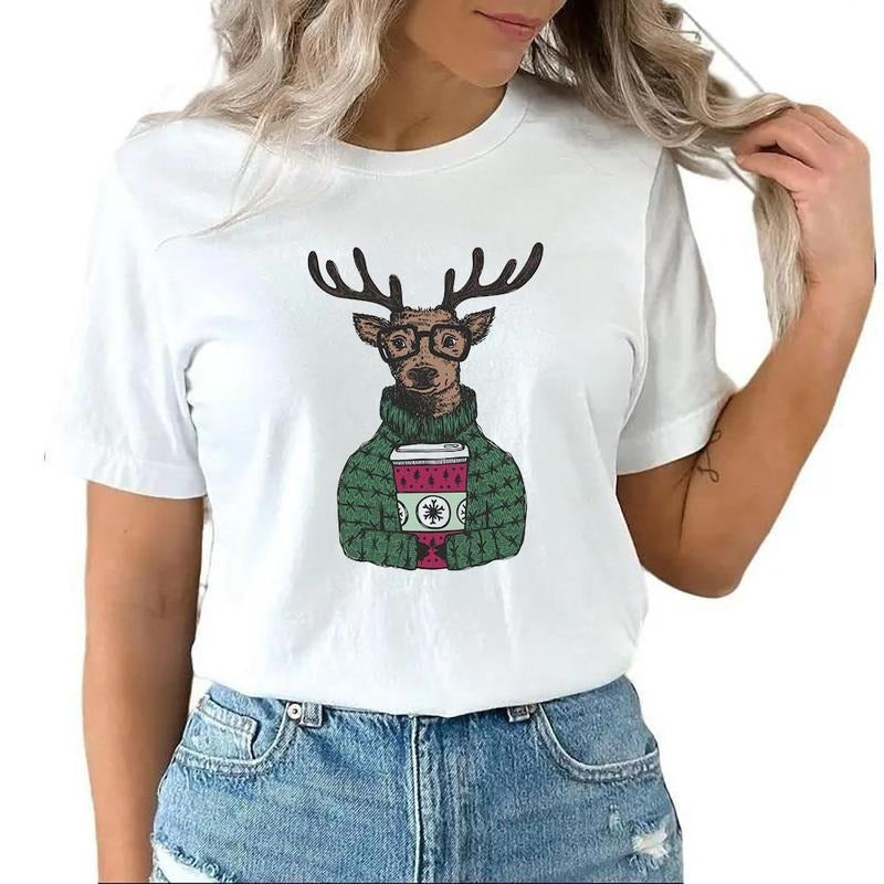 Christmas Reindeer Funny Cute T-shirt Sweatshirt, Christmas Coffee Hoodie, Coffee Lover Gift, Christmas Holiday Party Gift for men or women Cotton Top