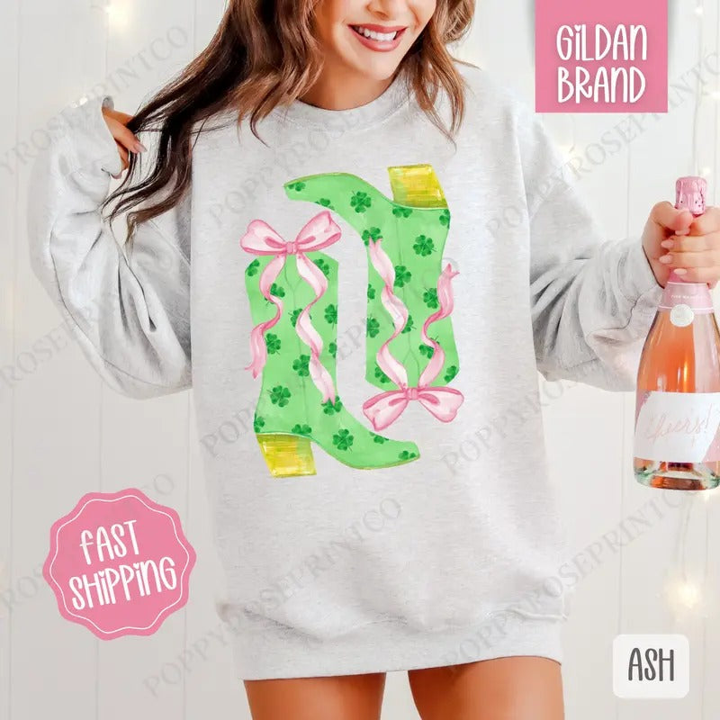 Clover Boots Sweatshirt, St Patrick's Day Crewneck, Cute Women's Sweater