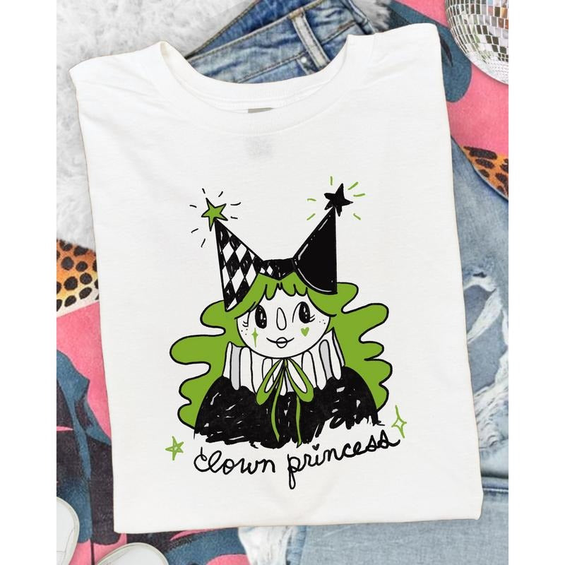 Clown Princess Unisex Shirt on White or Lime Green, hand drawn