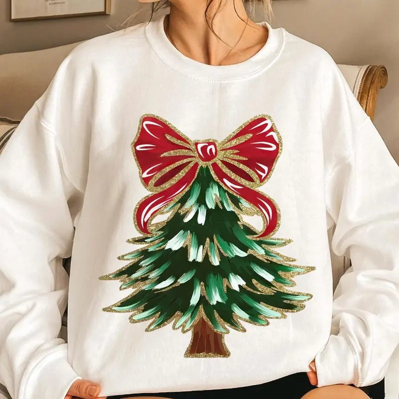 Colorful Coquette Glitter Christmas Tree Shirt, Girly Christmas Tree Shirt, Bright Color Christmas Coquette Bow, brushstroke