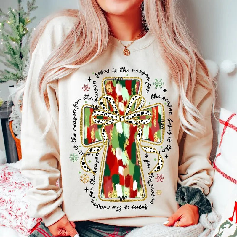 Colorful Coquette Glitter Jesus Cross Shirt, Jesus is the reason, Bright Color Christmas Coquette Bow Dalmatian, Christian Xmas brushstroke