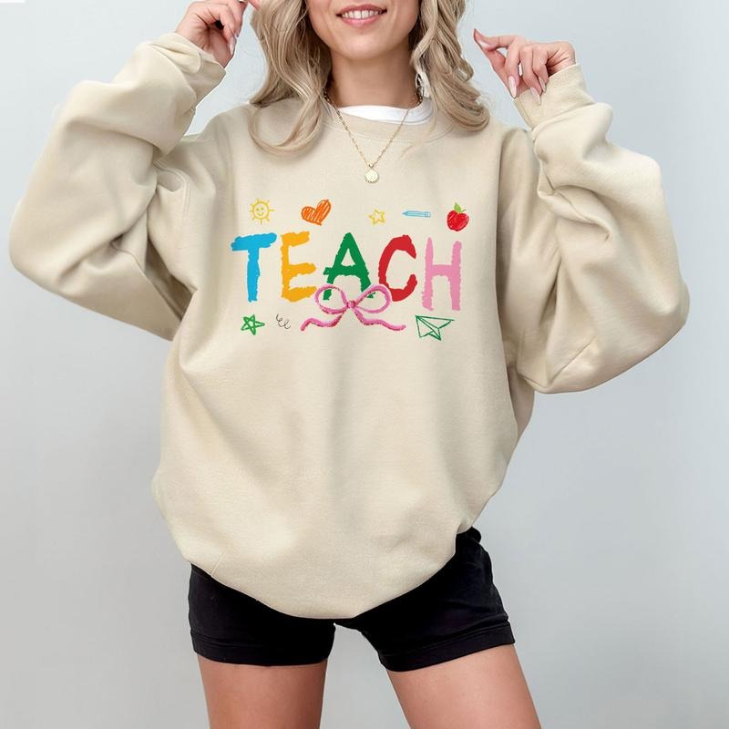 Colorful Teach Shirt, Teacher Graphic Tee with Bow, Cute Classroom Sweatshirt for Women, Back to School Teacher Outfitffffffffffffffffffffffffffffffffffff