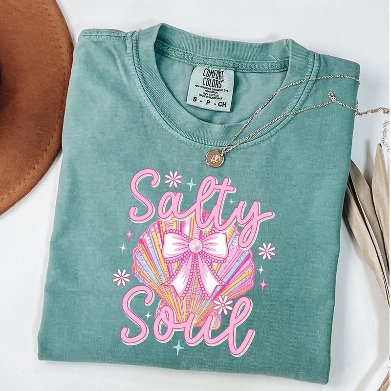 Comfort Colors Clam Pearl Coquette Salty Soul T-Shirt, Summer Vibes Pink Clam Shirt, Summer Beach Tee, Girly Summer Shirt, Unisex T-Shirt