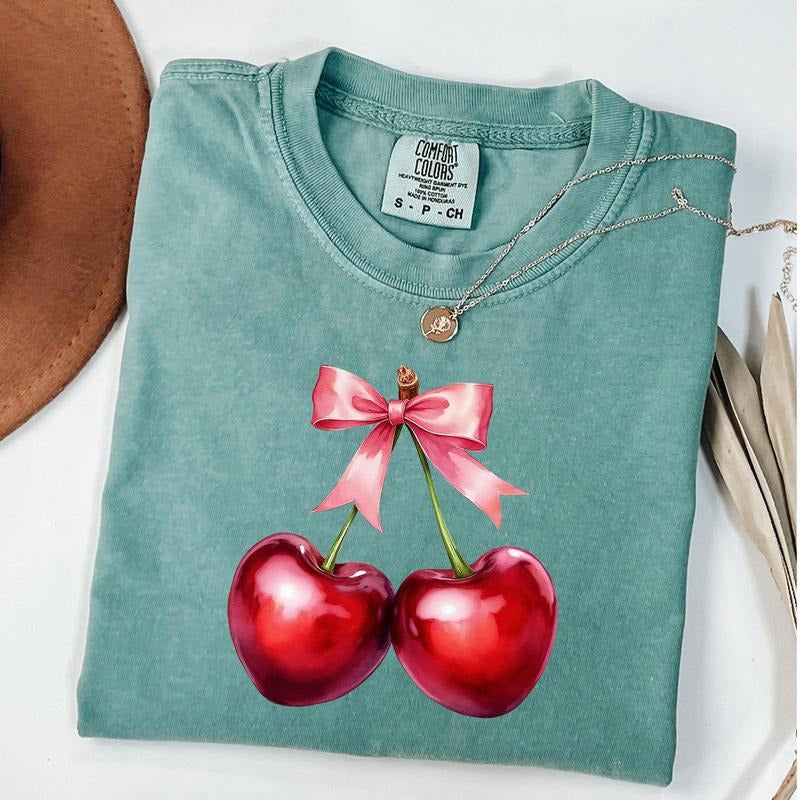 Comfort Colors Coquette Cherry Bow Shirt, Aesthetic Cherry Shirt, Soft Girl Era T-Shirt, Cherry Coquette Tee, Girly Gift