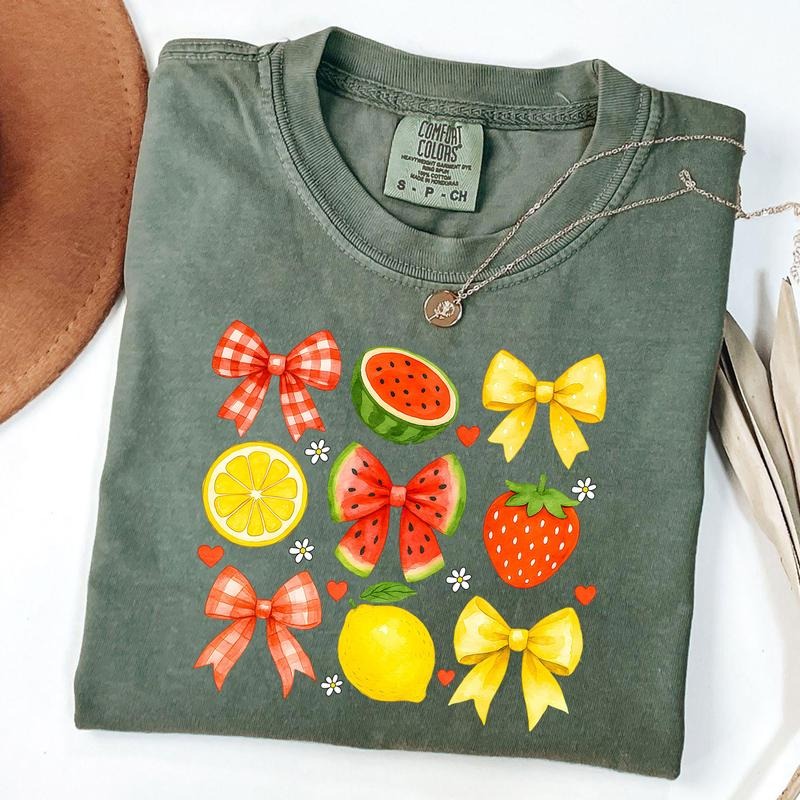 Comfort Colors Coquette Watermelon T-Shirt, Summer Fruit Shirt, Mama Lemon Bow Tee, Summer Vibes T-Shirt, Cute Strawberry Floral Shirt