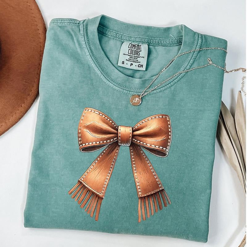 Comfort Colors Cowgirl Bow Shirt, Howdy Brown Leather Bow Tee, Coquette Cowgirl Aesthetic T-Shirt, Trendy Western Shirt