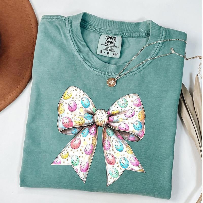 Comfort Colors Egg Coquette Bow T-Shirt, Easter Coquette Bow Shirt, Happy Easter Egg Shirt