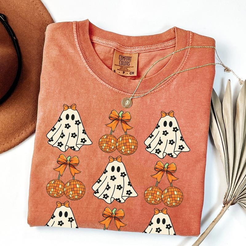 Comfort Colors Halloween Сute Ghost Coquette Disco Cherry Shirt, Spooky Season Shirt, Halloween Women T Shirt, Halloween Tee