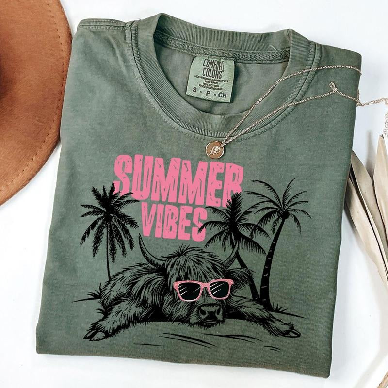 Comfort Colors Summer Vibes Shirt, Highland Cow Shirt, Retro Summer T-shirt, Funny Beach Tee, Unisex T-Shirt