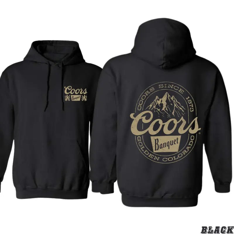 Coors Banquet Hoodie - Classic and Rugged Design Featuring Retro Coors Logo with Mountain Graphics, Comfortable Black Unisex Hoodie for Everyday Wear, Perfect for Beer Enthusiasts and Outdoor Adventurers Menswear Sweaters