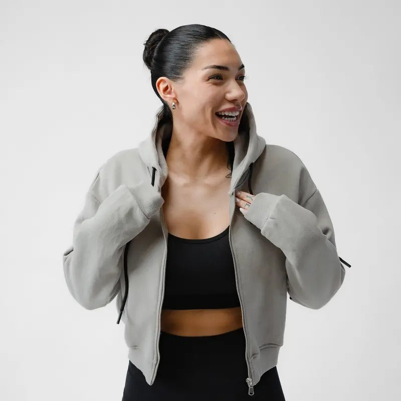 Women's Cropped Skull Hoodie - Premium Polyester/Cotton Blend - Gym Pump Cover - Slate