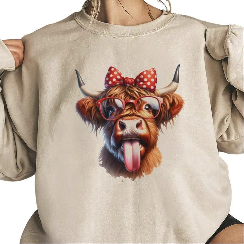 Crazy Highland Cow Sweatshirt Unisex Funny Heifer Cheeky Cow With Polka Dot Bow T-Shirt Hoodie